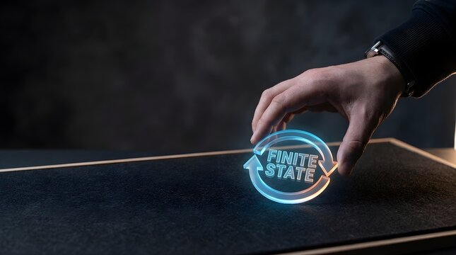 A hand interacting with a glowing digital finite state machine holographic loop on a dark surface