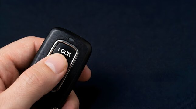 Hand pressing lock button on black car remote key fob against dark blue background