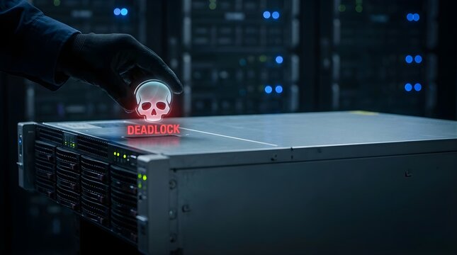 Cybersecurity expert handling server deadlock error with glowing skull warning in data center