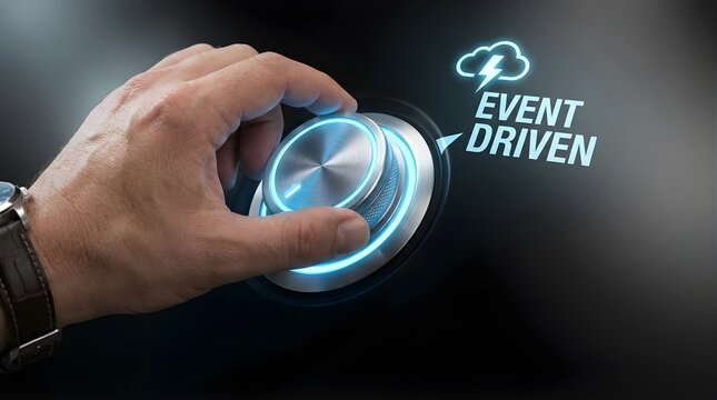 Hand activating futuristic event driven technology interface with glowing control dial
