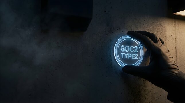 Gloved hand interacting with glowing soc2 type2 compliance interface on textured concrete wall surface