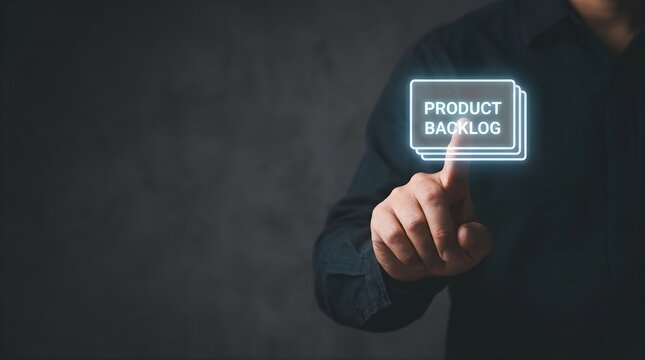 Professional manager interacting with digital product backlog interface for agile project management