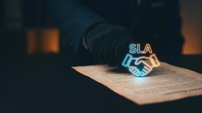 Professional hand in black glove touching glowing sla handshake icon on business contract document