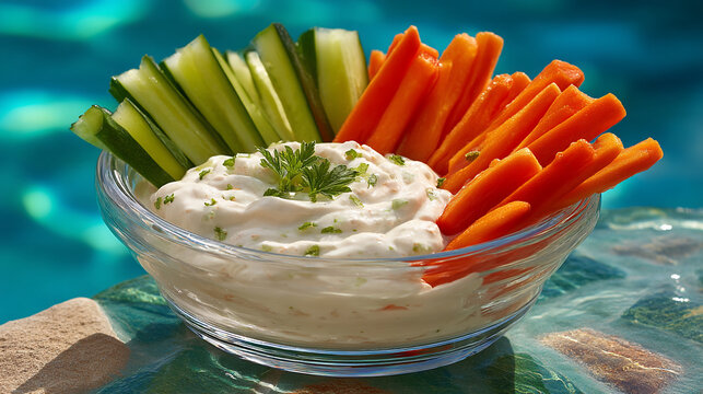 Fresh vegetable crudite platter with creamy herb dip at poolside vegetables appetizer
