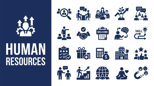 Set of professional human resources flat vector icons featuring corporate management and workforce development design elements