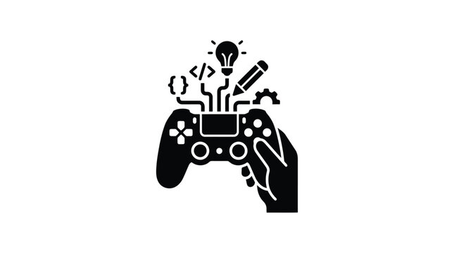 game controller with hand and symbols silhouette black white background icon vector