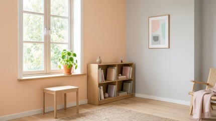 Fototapeta premium Cozy Reading Nook with Bookshelf, Window, and Pastel Walls