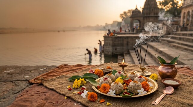 Pitru Paksha, ritual pind daan offerings arranged with flowers and incense smoke