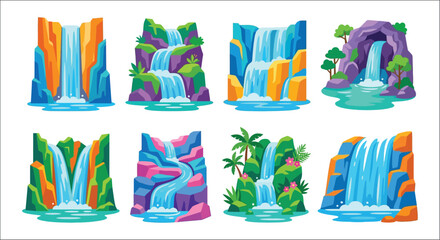 Waterfall scenes with rocky cliffs and lush vegetation colorful vector illustrations © Vactor media 