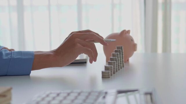 Asian Businessman holding pen counting stacking coin with piggy bank