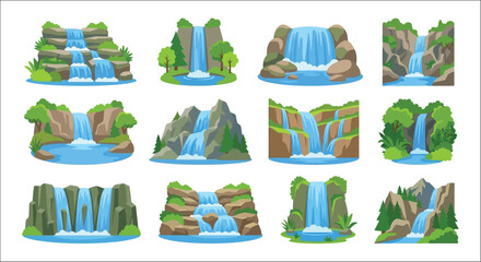 Waterfall scenes collection vector illustration with lush greenery and rocky terrain © Vactor media 