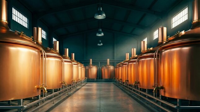 Brewery tanks, shiny copper vessels in industrial production facility, beer manufacturing process concept.