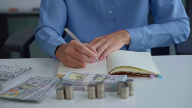 Asian businessman writing on notebook with stacking coin on table money management concept