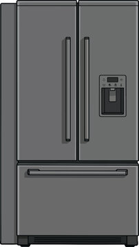 Black stainless steel french door refrigerator with water dispenser and bottom freezer, modern charcoal smart fridge flat vector illustration