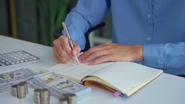 Asian businessman writing on notebook with stacking coin on table money management concept