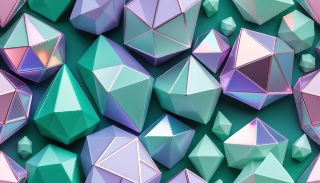 Assorted polyhedral gems clustered on green patterned surface