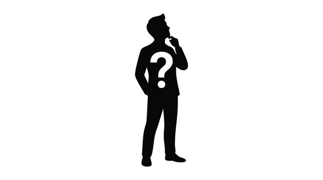 thinking person silhouette with question mark on chest thinker black white background