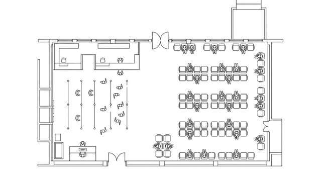 Line art 2D floor plan vector collection of bank architecture entourage elements with top view service counters and queuing customers