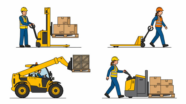 Illustrations of workers operating various material handling equipment including electric pallet jacks, manual pallet jacks, and a telehandler in a warehouse setting.