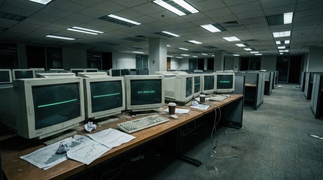 Abandoned Office: Rows of old computer monitors sit silently in an empty, dimly lit office cubicle area, creating an eerie atmosphere of disuse and forgotten productivity.