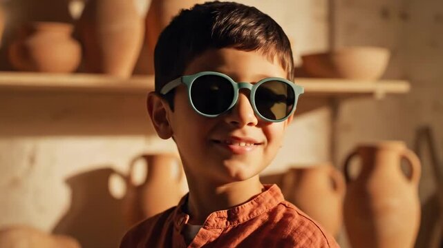 Young boy enjoys sunglasses day beside terracotta pottery, mint retro shades, rust orange shirt, warm earthen wall, artisan market atmosphere, soft side light and confident childhood smile today