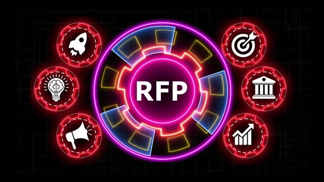 RFP concept diagram with glowing neon circles and icons motion graphics.