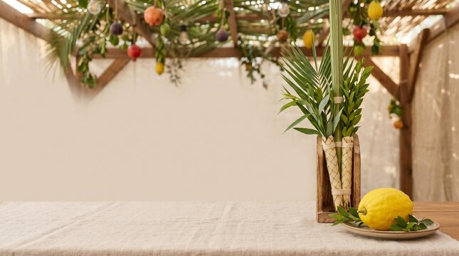 Sukkot, lulav and etrog arranged on elegant neutral background