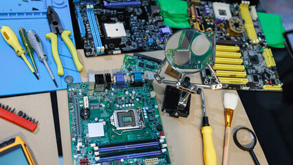 Plakat Computer repair workspace with motherboards, hard drive parts, screwdrivers, pliers and magnifier on a table, showing electronics maintenance, upgrade, recycling and technical service.