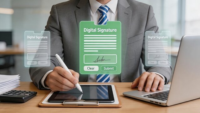Business professional signing legal document digitally on tablet computer, electronic signature concept for contracts and agreements in modern office.