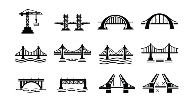 Bridge Construction Icons Set - Engineering and Infrastructure Design