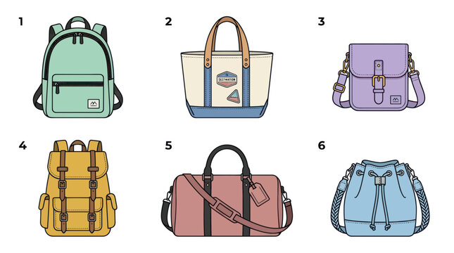Collection of six diverse bags and backpacks, flat design, isolated on white