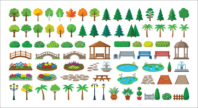 Collection Of Trees Bushes Bridges And Park Elements Vector Illustration