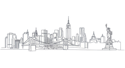 New York City Skyline Sketch - Brooklyn Bridge, Empire State Building, Statue of Liberty © Arif
