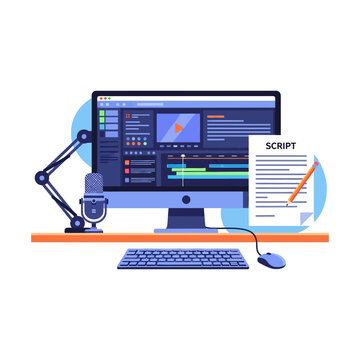 Video editing computer setup with microphone and script