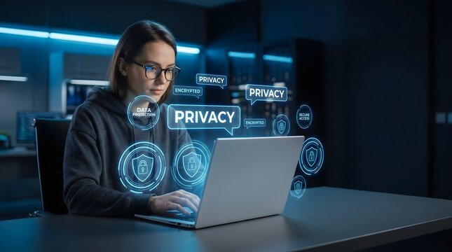 A focused young female IT expert sitting at her desk working on a laptop with glowing virtual privacy and data security rings floating around the workspace.