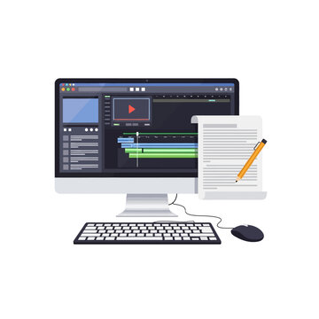 Video editing software on computer with script and pen