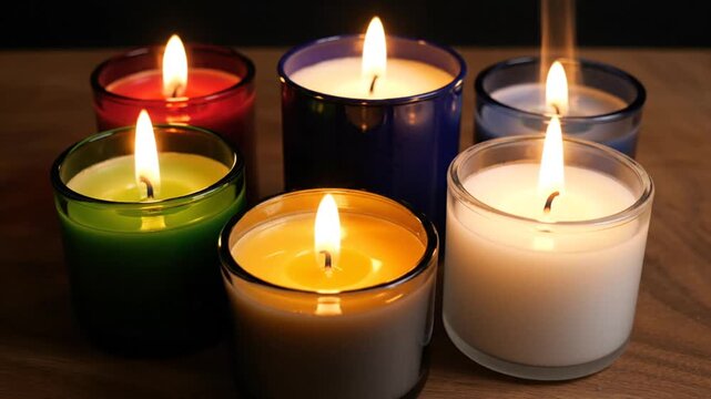 High angle top-down view of six burning candles in different colored containers arranged on a dark background, showing bright orange flames and soft wax glow in a quiet setting.