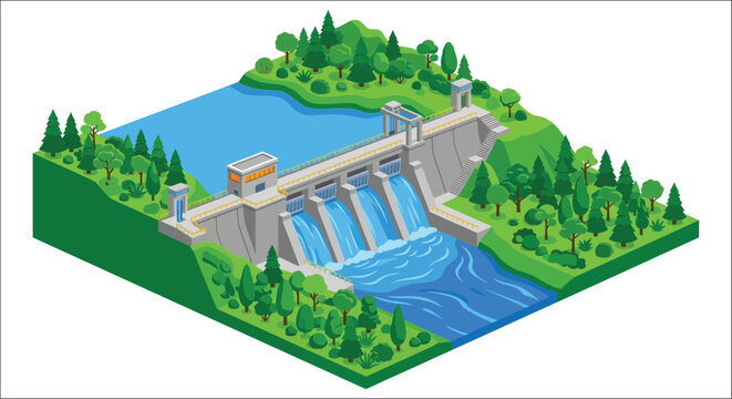 Hydroelectric dam with surrounding landscape isometric vector illustration on a white background
