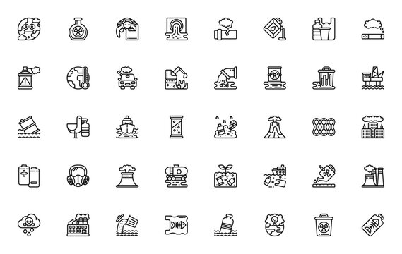 Pollution icon set. Environmental hazard vector icons pack. Minimal thin line style. Related to contamination, waste, plastic, oil spill, toxic, smog, global warming, chemicals and more.