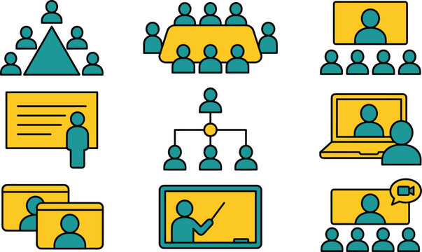 Online business conference and virtual training icon set for remote learning digital meeting and corporate communication