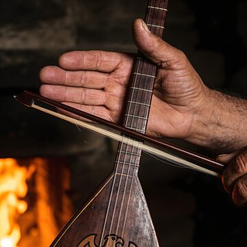 Albanian Lahuta Spike Fiddle Played by Firelight &mdash; Macro Aged Hands, Horsehair Bow, Epic Poetry Tradition