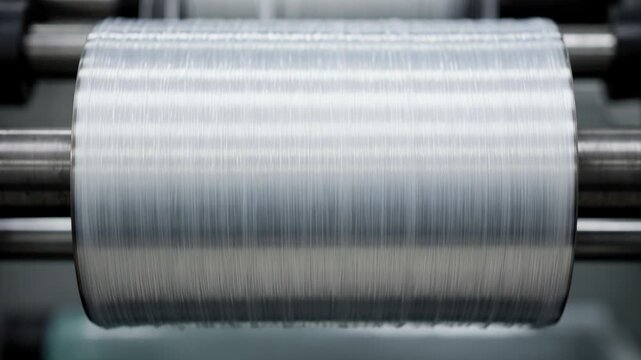 Closeup medium shot of heavy denier elastic polyurethane filaments being spun and tightly wound with visible tension control emphasizing durability and strength for industrial