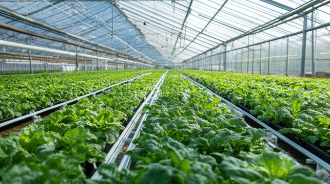 Large greenhouse with rows of leafy green plants growing on hydroponic system