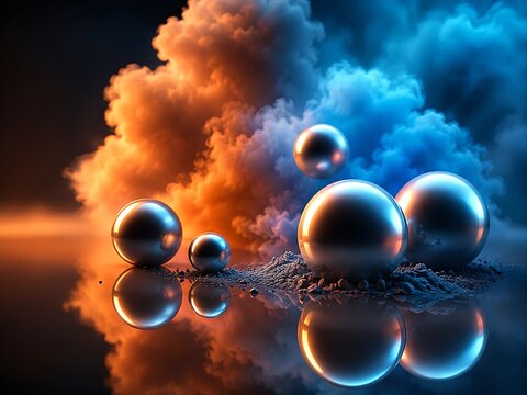 metallic spheres floating in dramatic orange blue cloudscape