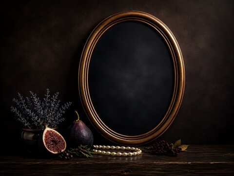 oval mirror frame in dark vintage still life scene