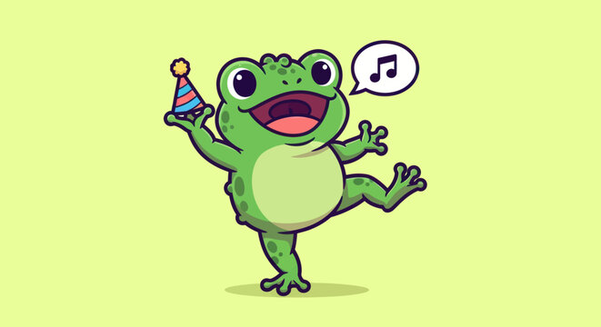 A green, cartoon frog in a party hat, singing a musical note, dancing cheerfully