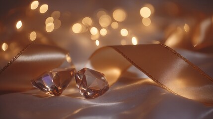 Obraz premium Elegant gemstones and soft satin ribbon with golden bokeh lights in the background, creating a luxurious and romantic atmosphere for celebrations.