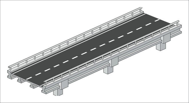 Isometric bridge illustration with gray roadway and white dashed lane markings