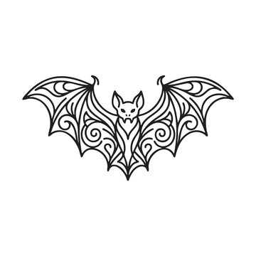Intricate vector illustration of a bat with ornate wings, symmetrical design, and detailed patterns, perfect for Halloween.