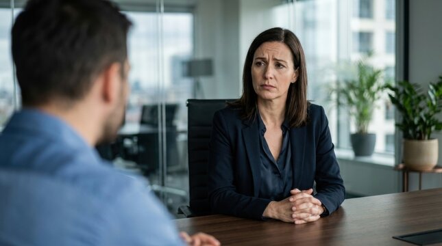 Serious Business Discussion: A focused woman in a dark suit engages in an intense discussion with a colleague across a polished wooden table in a modern office.